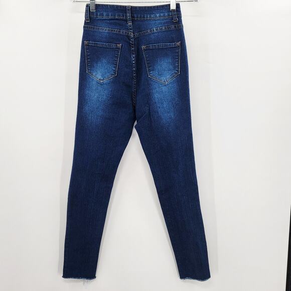 Fashion Nova Dark Blue Wash High-Rise Distressed Skinny Jeans Junior's Size 9/10 - Picture 2 of 9
